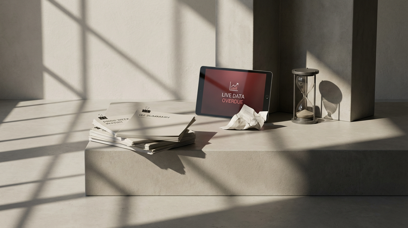 Backward-Looking Reports: Static reports show what happened last week, not what's happening now when intervention is still possible