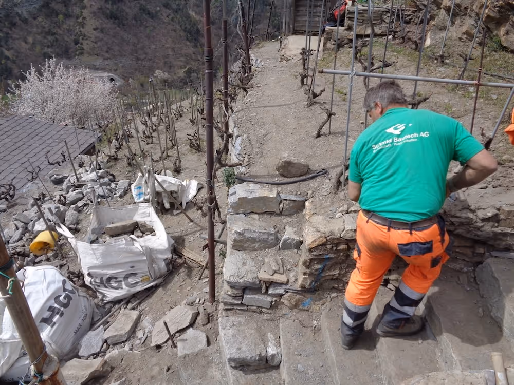 Bauarbeiter in oranger Hose restauriert eine steinerne Treppe in einem terrassierten Weinberg.