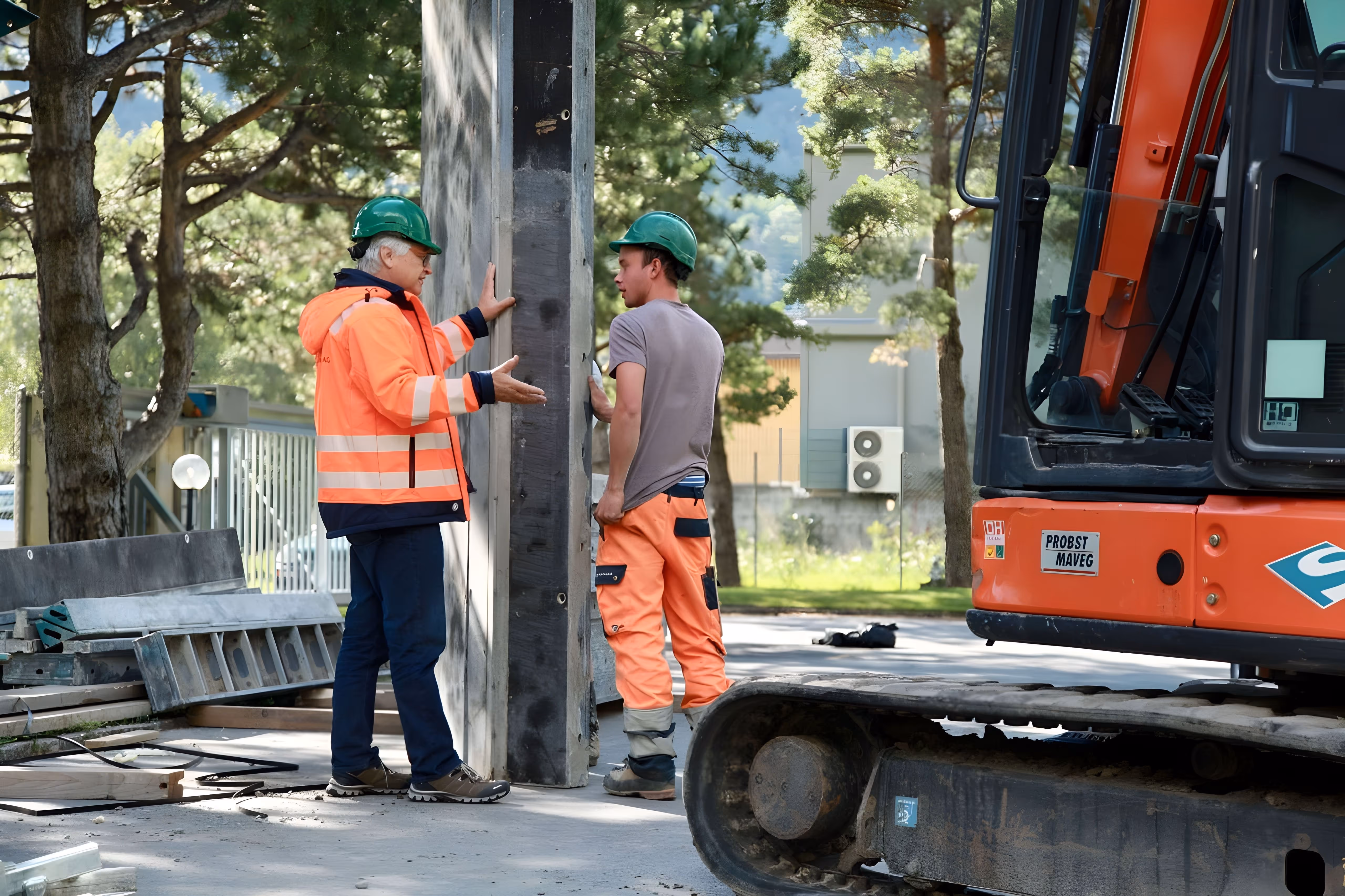 Zwei Bauarbeiter mit Schutzhelmen und orangener Arbeitskleidung besprechen einen Betonpfosten neben einem Bagger in einer Baustellenumgebung mit Bäumen im Hintergrund.