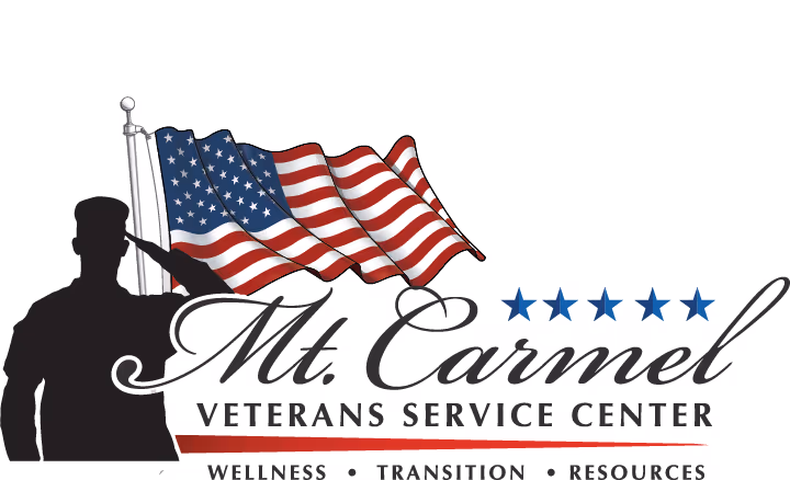 Silhouette of saluting soldier next to waving American flag with text 'Mt. Carmel Veterans Service Center' and four blue stars above.