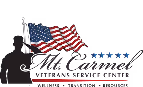 Silhouette of saluting soldier next to waving American flag with text 'Mt. Carmel Veterans Service Center' and four blue stars above.