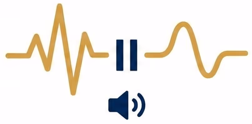 Sound wave icon transitioning to a smoother wave after a pause symbol, with a volume speaker below.