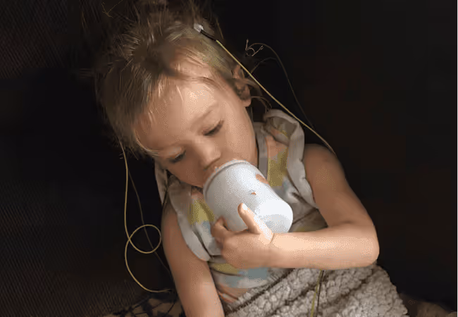 Boy lying on a patterned blanket, wearing earphones and a Cowboys shirt, focused on a small object in his hands.