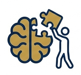 Illustration of a brain surrounded by icons including a person wearing a headband, a rolled towel, a light bulb with rays, and a vibrating bandage, symbolizing mental health and brain care concepts.