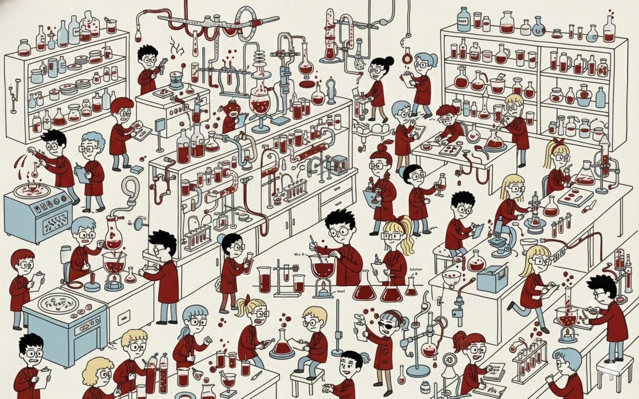 A detailed 'Where's Waldo'-style illustration of a bustling laboratory, representing the intricate and dedicated process of crafting a remarkable wellness brand.