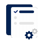 Two layered checklist documents with a checkmark and gear icons indicating settings or configuration.
