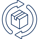 Icon of a cardboard box with two circular arrows around it indicating reorder or repeat.