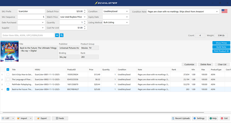 ScanLister inventory management software interface showing listing details for 'Back to the Future: The Ultimate Trilogy' Blu-ray with columns for title, SKU, condition, price, quantity, and notes.