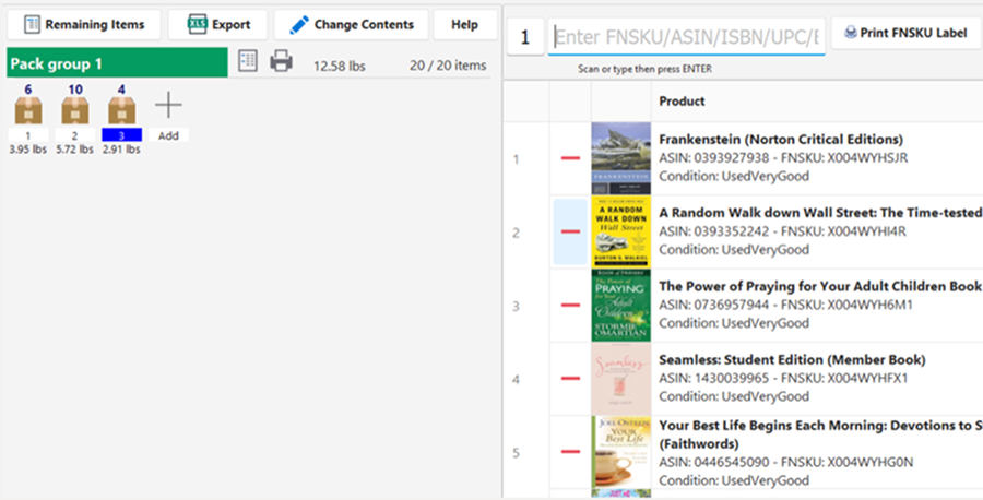 Screen interface showing Pack group 1 with three boxes of various weights and a product list including titles like Frankenstein, A Random Walk down Wall Street, and The Power of Praying for Your Adult Children.