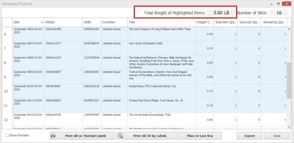 Software window displaying a table of remaining products with SKUs, titles, conditions, weights, and quantities, highlighting a total weight of 5.80 LB for selected items.