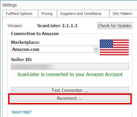 Settings window showing ScanLister 2.1.1.1 connected to Amazon.com marketplace with seller ID field and Reconnect button highlighted.