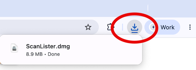 ScanLister.dmg in the Chrome downloads bar