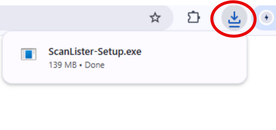 ScanLister-Setup.exe in the Chrome downloads bar