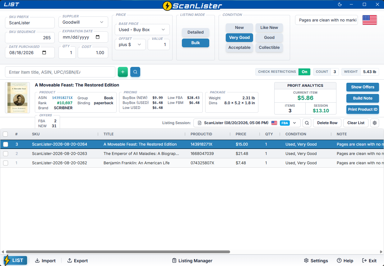 ScanLister bulk listing screen with one-touch condition selection