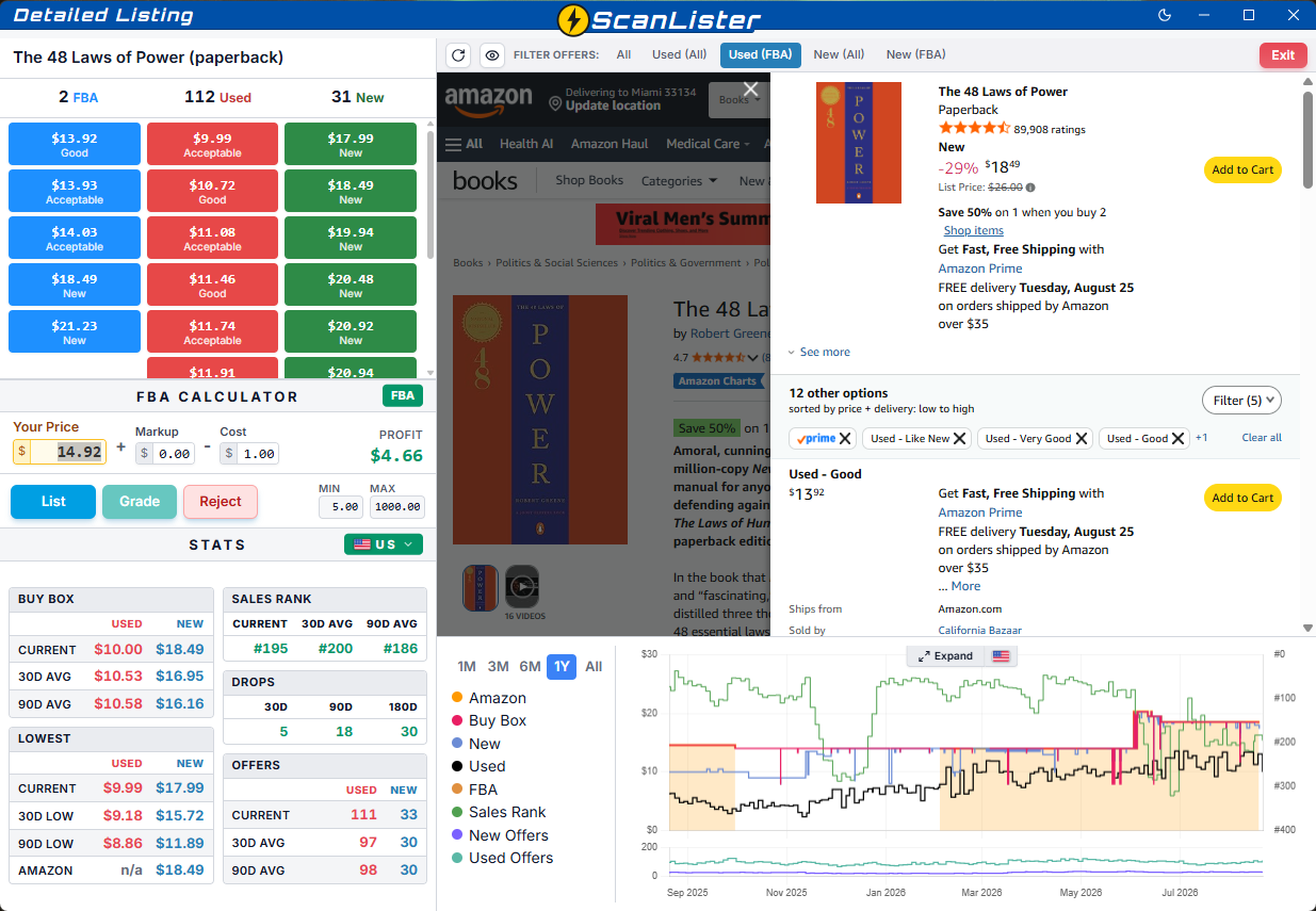 ScanLister Detailed Listing Mode with pricing data and live Amazon page