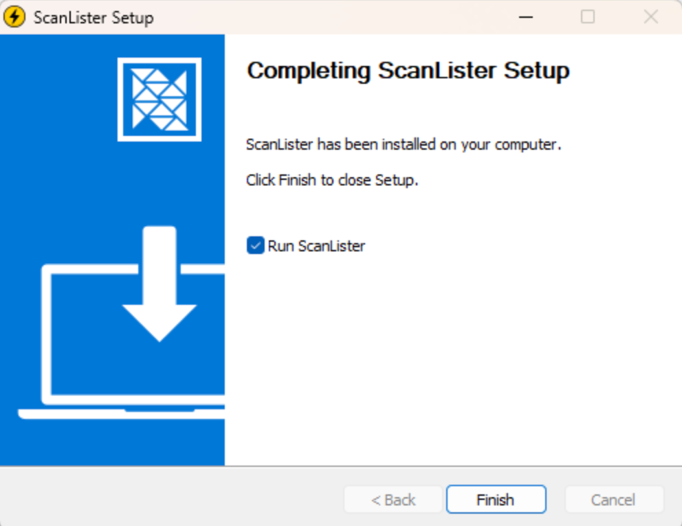 Windows installer finishing the ScanLister setup