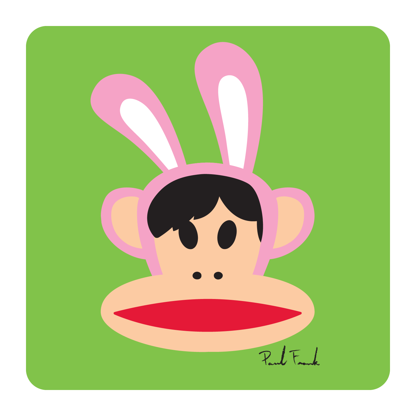 Inspired by his pal Bunny Girl, Julius takes his turn in the pink fluffy bunny suit. He loves it so much, that he’s gone full carrot mode by now. – Paul Frank