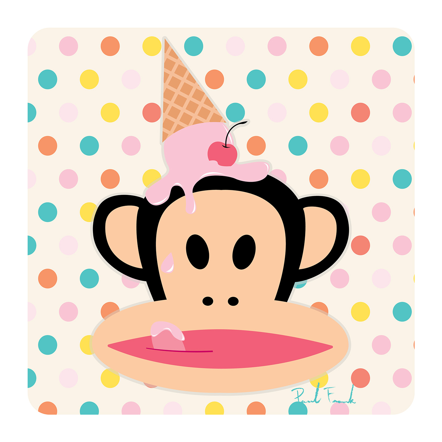 Nothing melts faster than an ice cream cone when you’re trying to eat it on a hot day. Julius better start licking before he starts wearing it. – Paul Frank