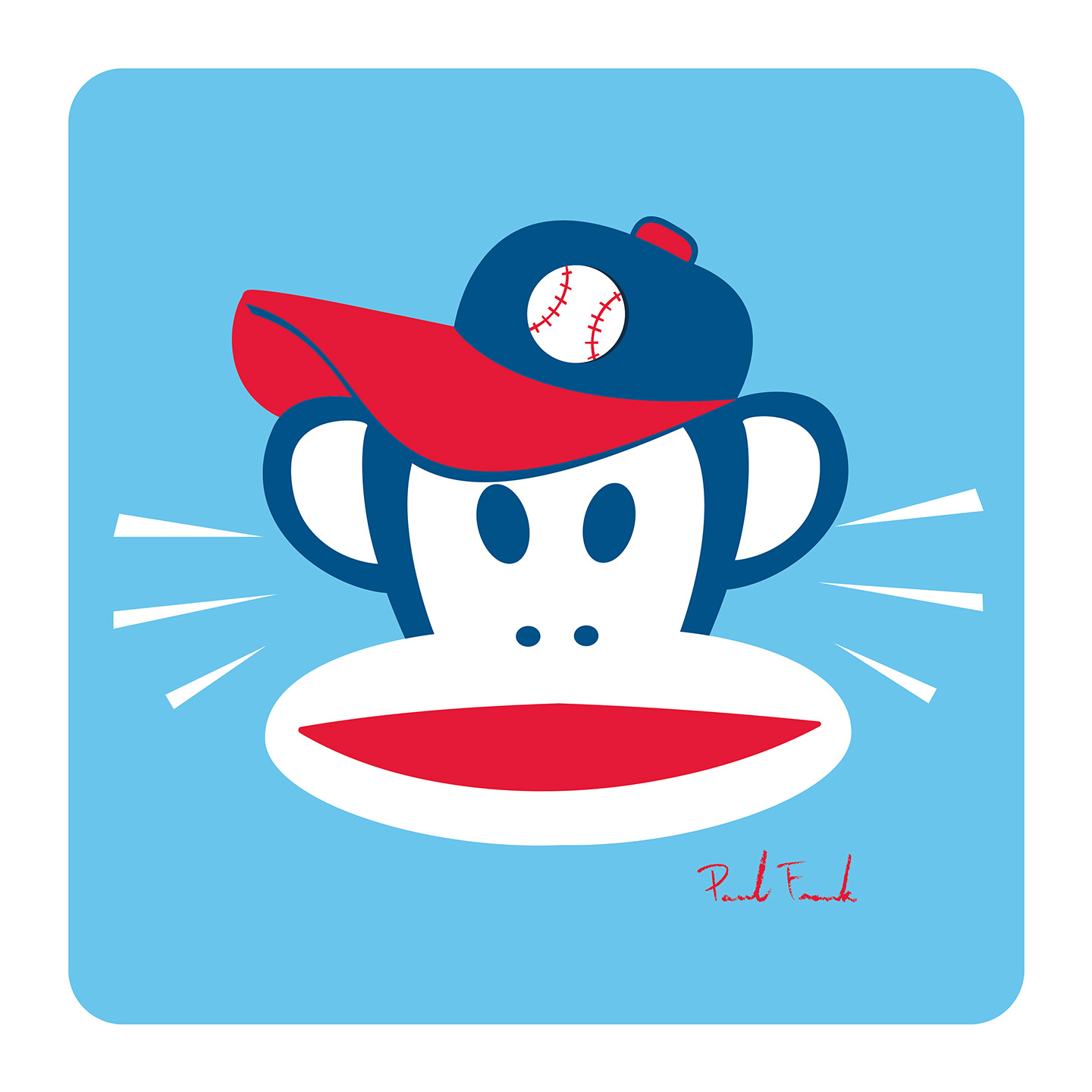 Julius loves a good ball game. Mostly the snacks, the hat and yelling at people from really far away. Play ball! – Paul Frank