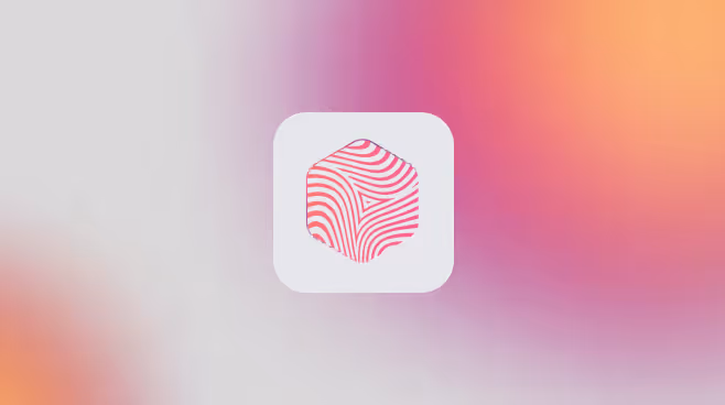 White rounded square with a pink abstract swirl pattern inside a hexagonal shape, on a blurred gradient background.