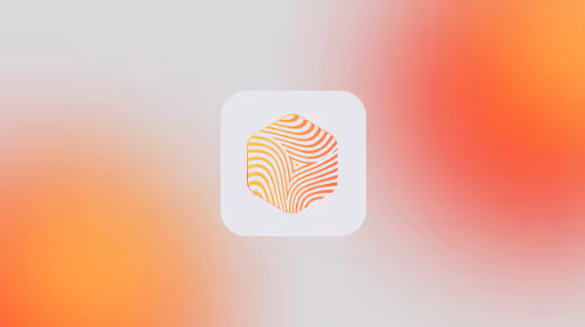 Abstract hexagonal logo with orange and red curved lines on a light rounded square background.