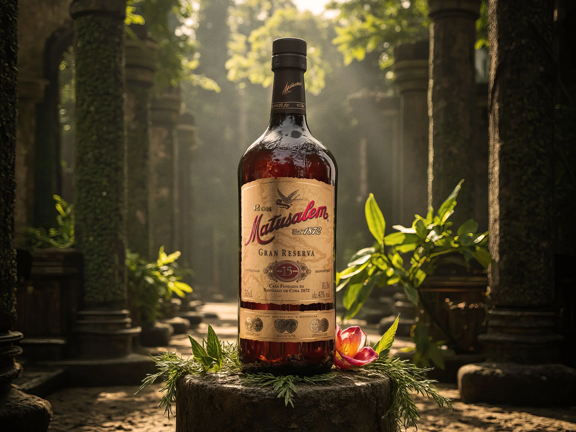 Bottle of Matusalem Gran Reserva rum placed on a stone pedestal adorned with green leaves and a pink flower, surrounded by lush greenery and stone columns with sunlight filtering through.