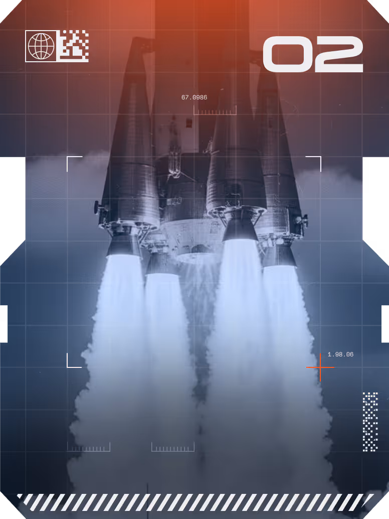 Motores de cohete encendidos lanzándose con fuego y humo, diseño digital con cuadrícula y datos superpuestos.