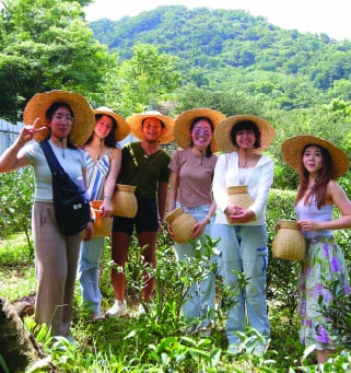 Six people wearing straw hats stand in a green field with mountains in the background.