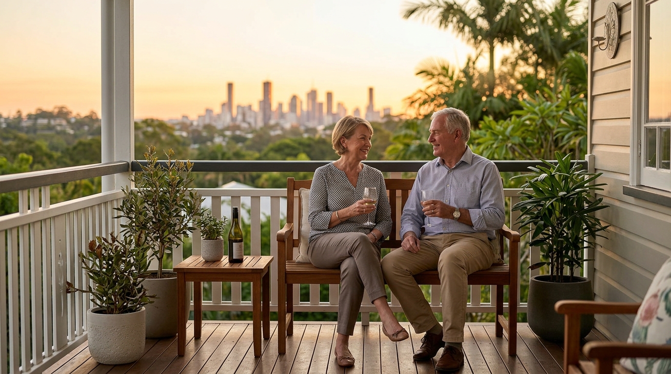 A happy retired couple in Brisbane sitting on their porch, looking relaxed and financially secure.