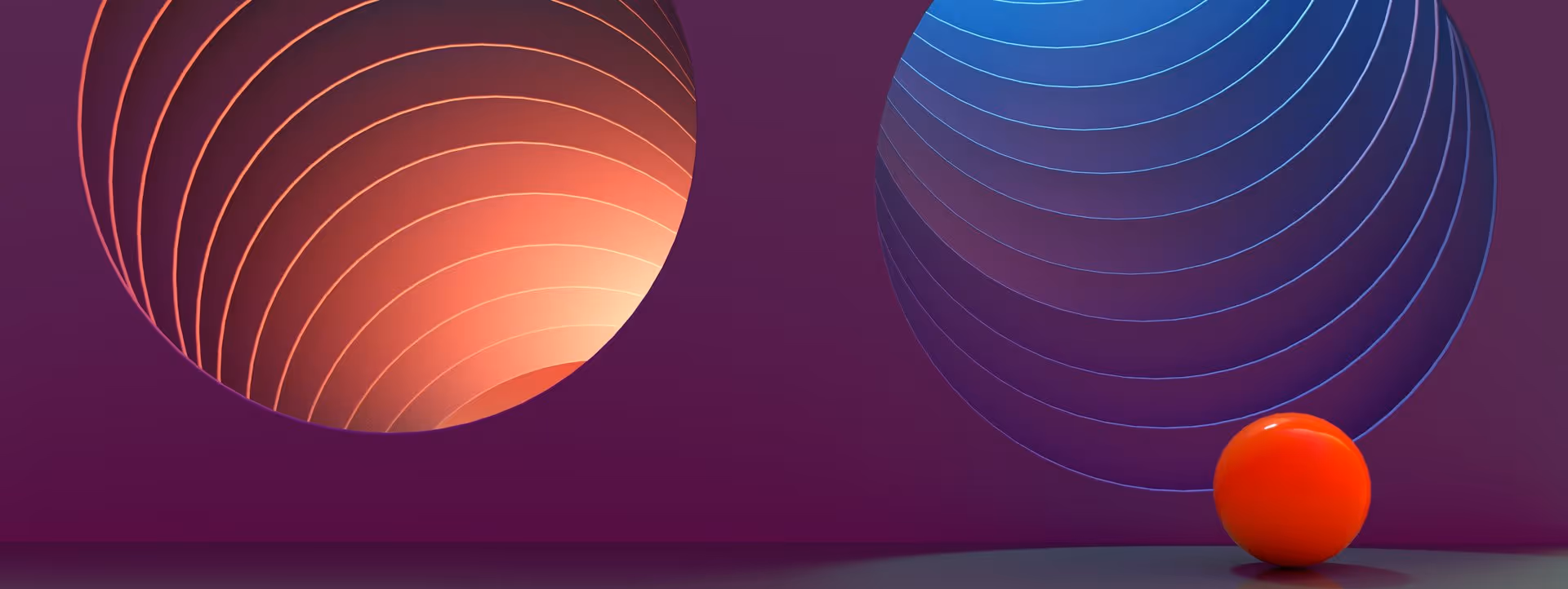 Zwei große, leuchtende Kugeln mit konzentrischen Linien an einer violetten Wand und eine kleine, glänzende orangefarbene Kugel im Vordergrund.