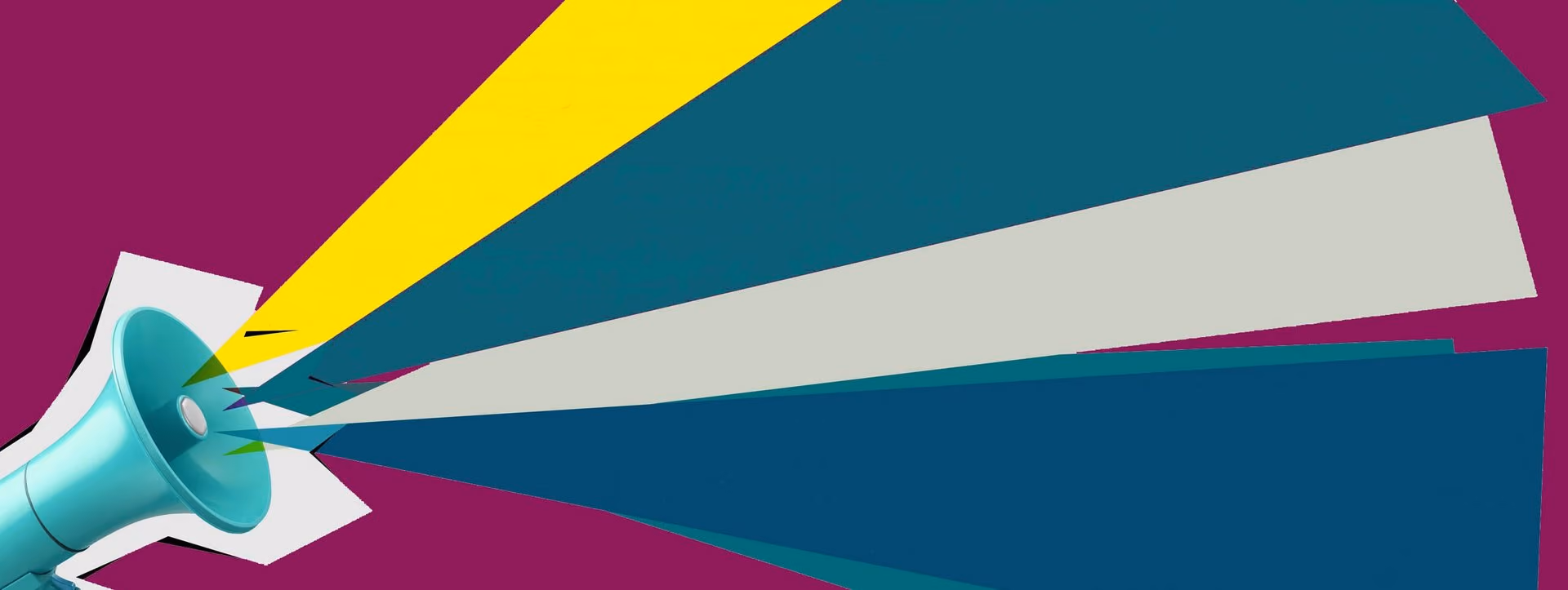 Blaues Megaphon, aus dem bunte Dreiecke in Gelb, Grau und Blau auf violettem Hintergrund strahlen.