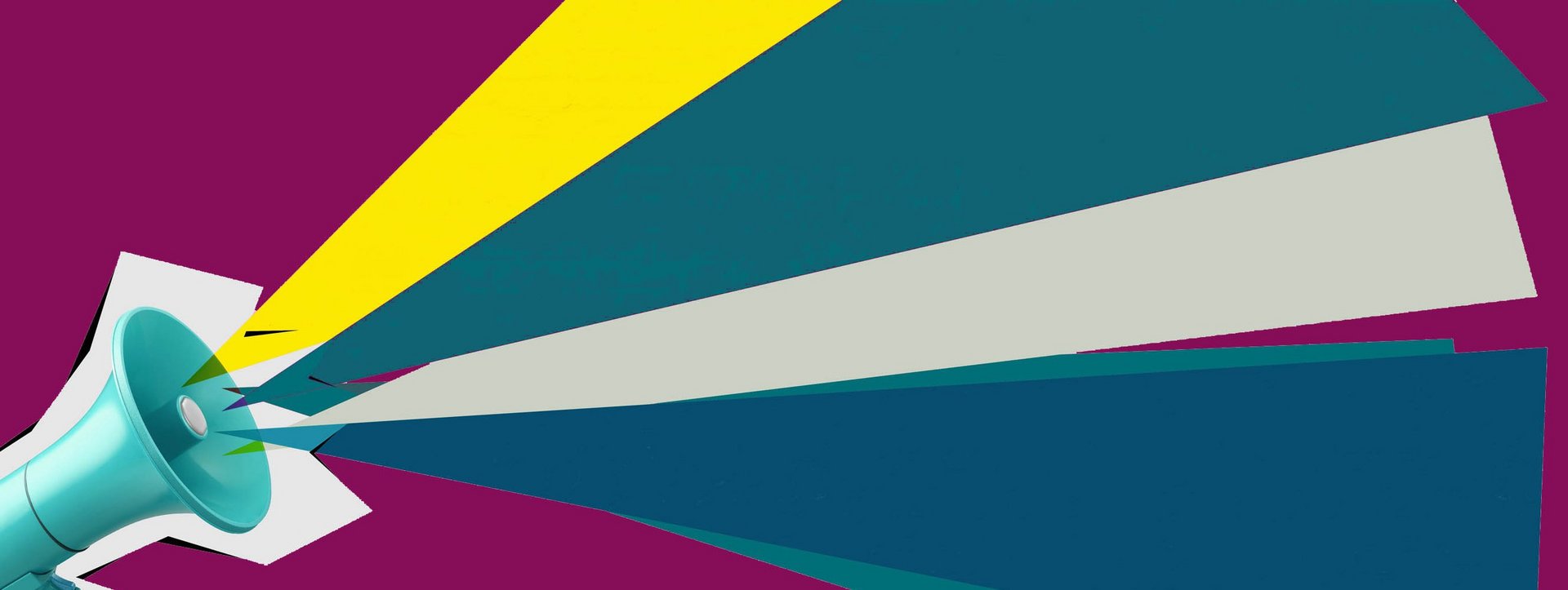 Blaues Megaphon, aus dem bunte Dreiecke in Gelb, Grau und Blau auf violettem Hintergrund strahlen.