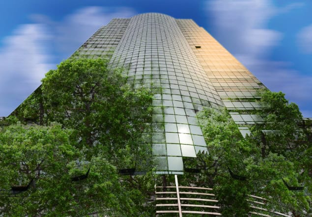 Sustainable building designed with green features, showcasing eco-friendly architecture and innovative environmental solutions.