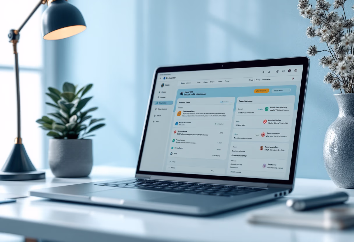 [interface] image of a laptop with ai legal tech software interface in an office