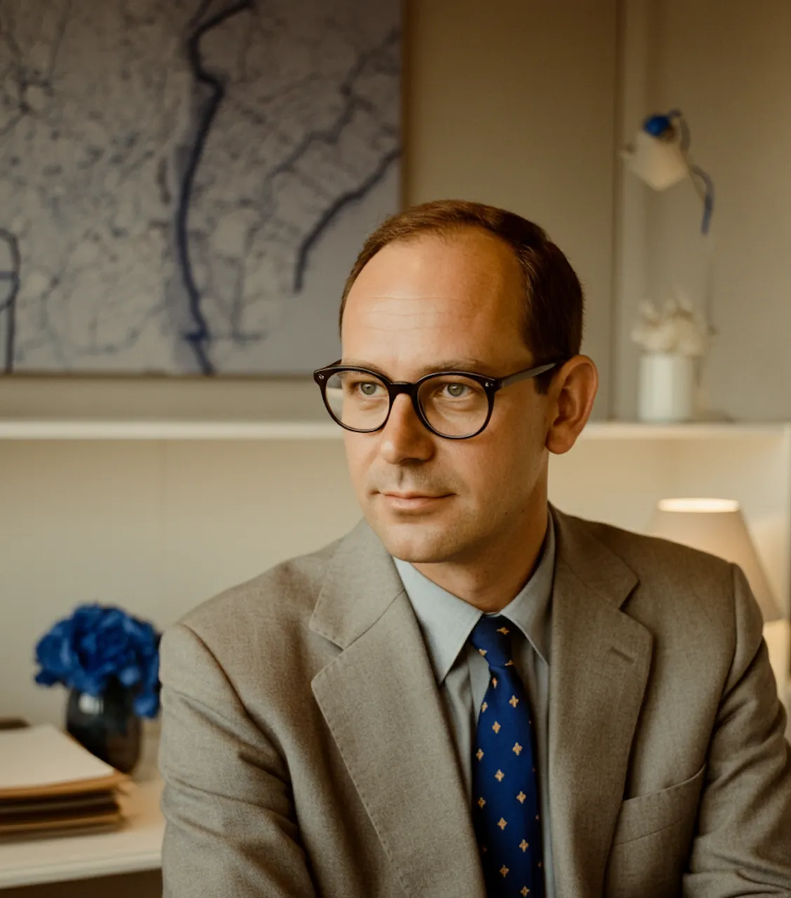 Man wearing glasses in a gray suit and blue tie sitting in an office with a map and blue flowers in the background.