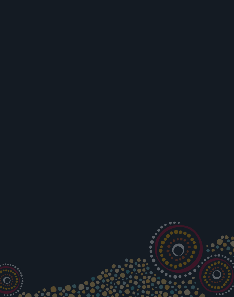 Dark background with abstract dotted patterns and circular designs in earthy colors at the bottom right and left corners.