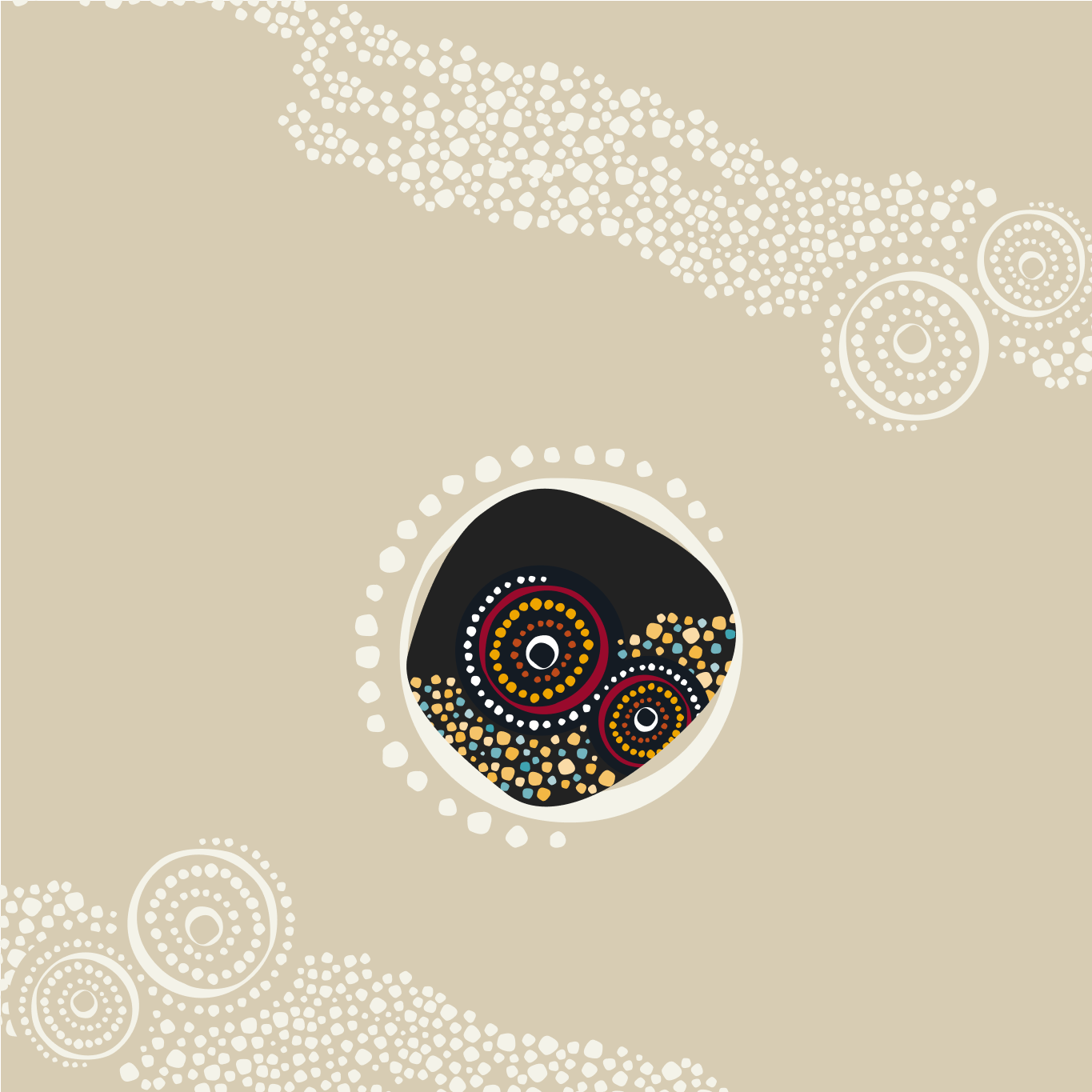 Abstract Aboriginal-style artwork with concentric circles and dot patterns on a beige background.