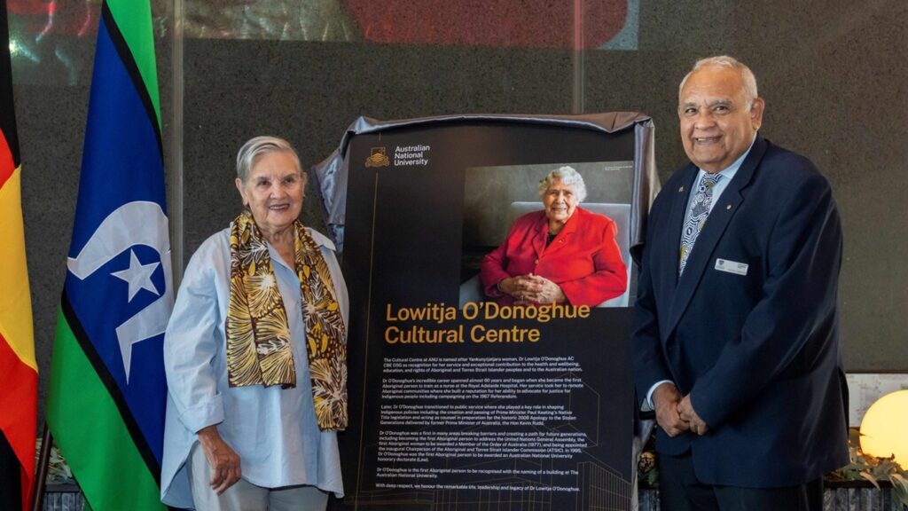 Pat Anderson AO and Prof Tom Calma AO at the Australian National University’s new Lowitja O’Donoghue Cultural Centre (Source: Lowitja Institute Facebook)