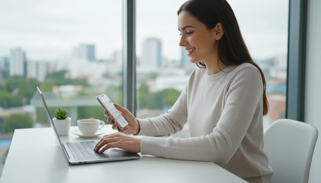 Personne partageant un code de parrainage sur ordinateur et smartphone dans un bureau lumineux