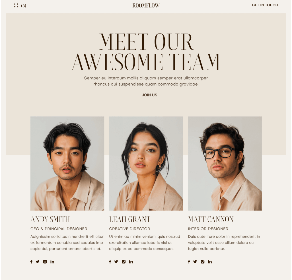 RoomFlow - Team Hero Page - Interior Design Webflow Template | BRIX Templates