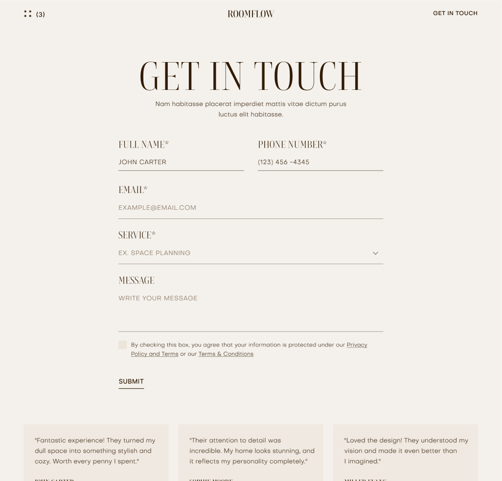 RoomFlow - Contact V1 Hero Page - Interior Design Webflow Template | BRIX Templates