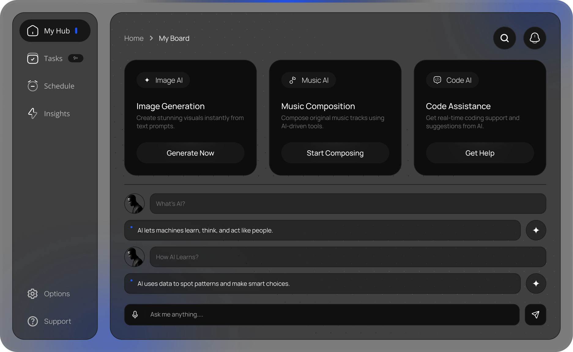 Dark mode AI dashboard displaying sections for Image Generation, Music Composition, and Code Assistance with navigation menu on the left and chatbot conversation at the bottom.
