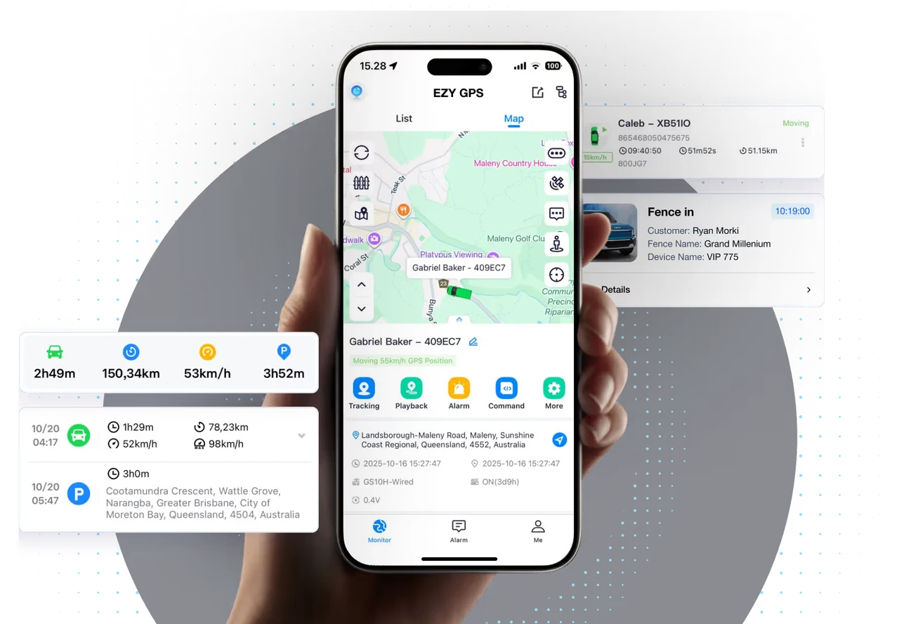 EZY GPS app showing a vehicle map, journey history and geofence views
