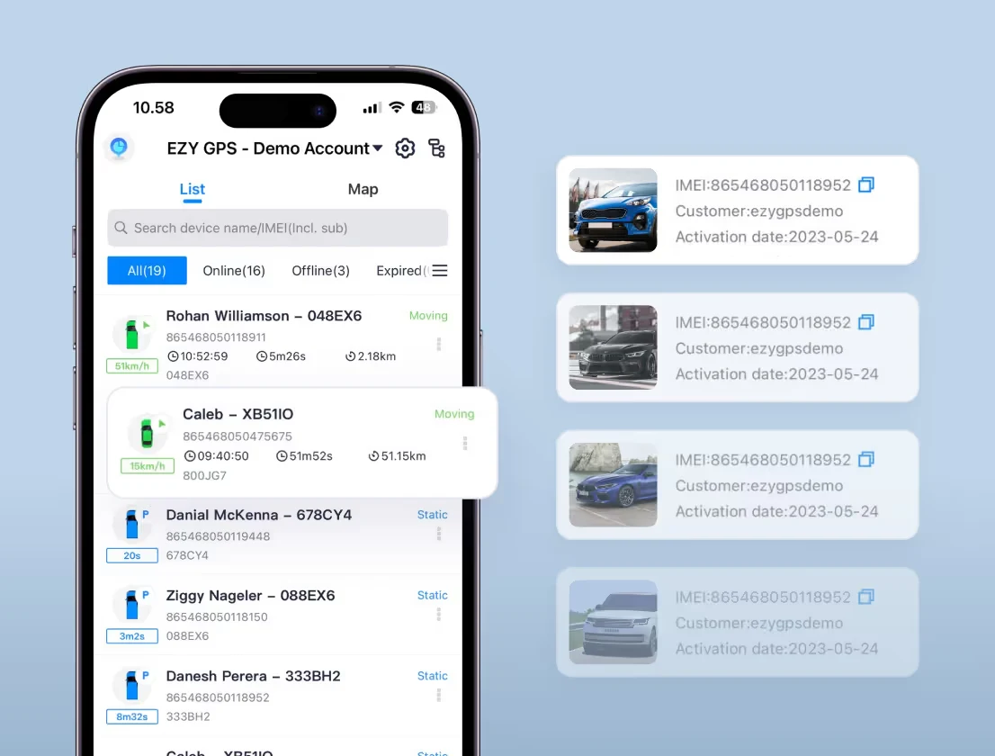 EZY GPS app showing linked vehicles and their reported status