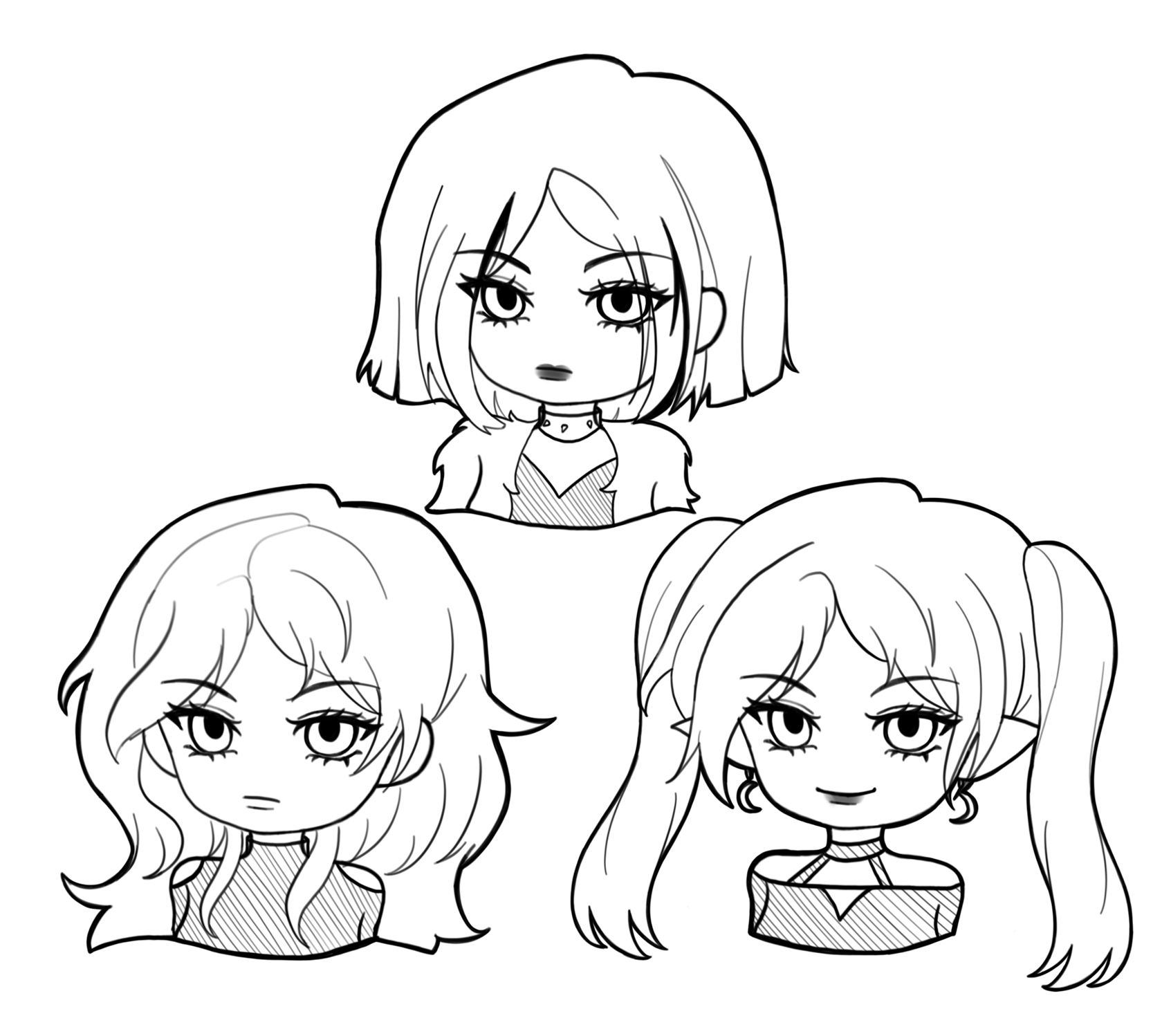 Black and white line art of three stylized female cartoon mascots