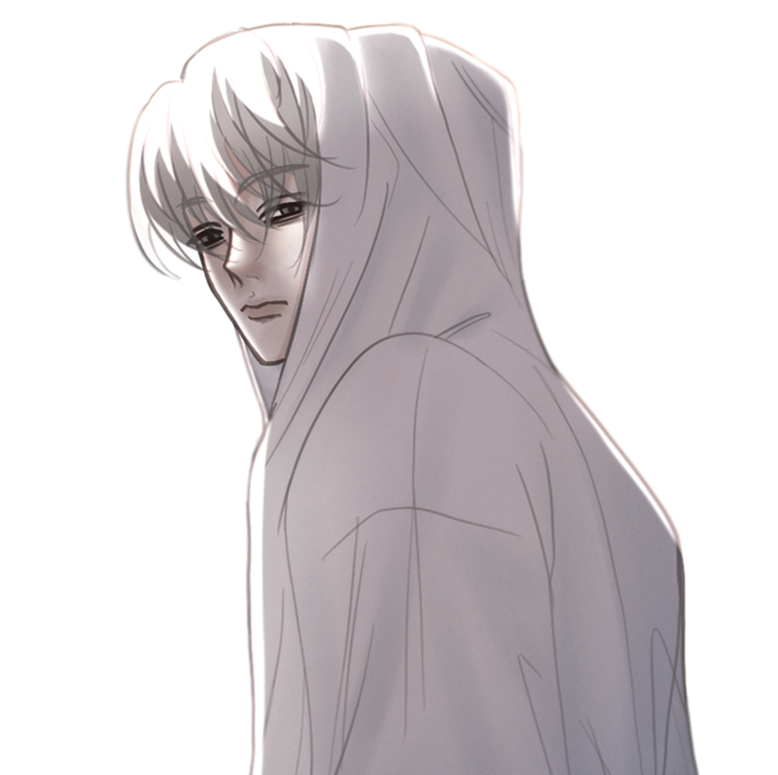Anime-style illustration of a person with white hair wearing a hooded garment, looking downward with a somber expression.