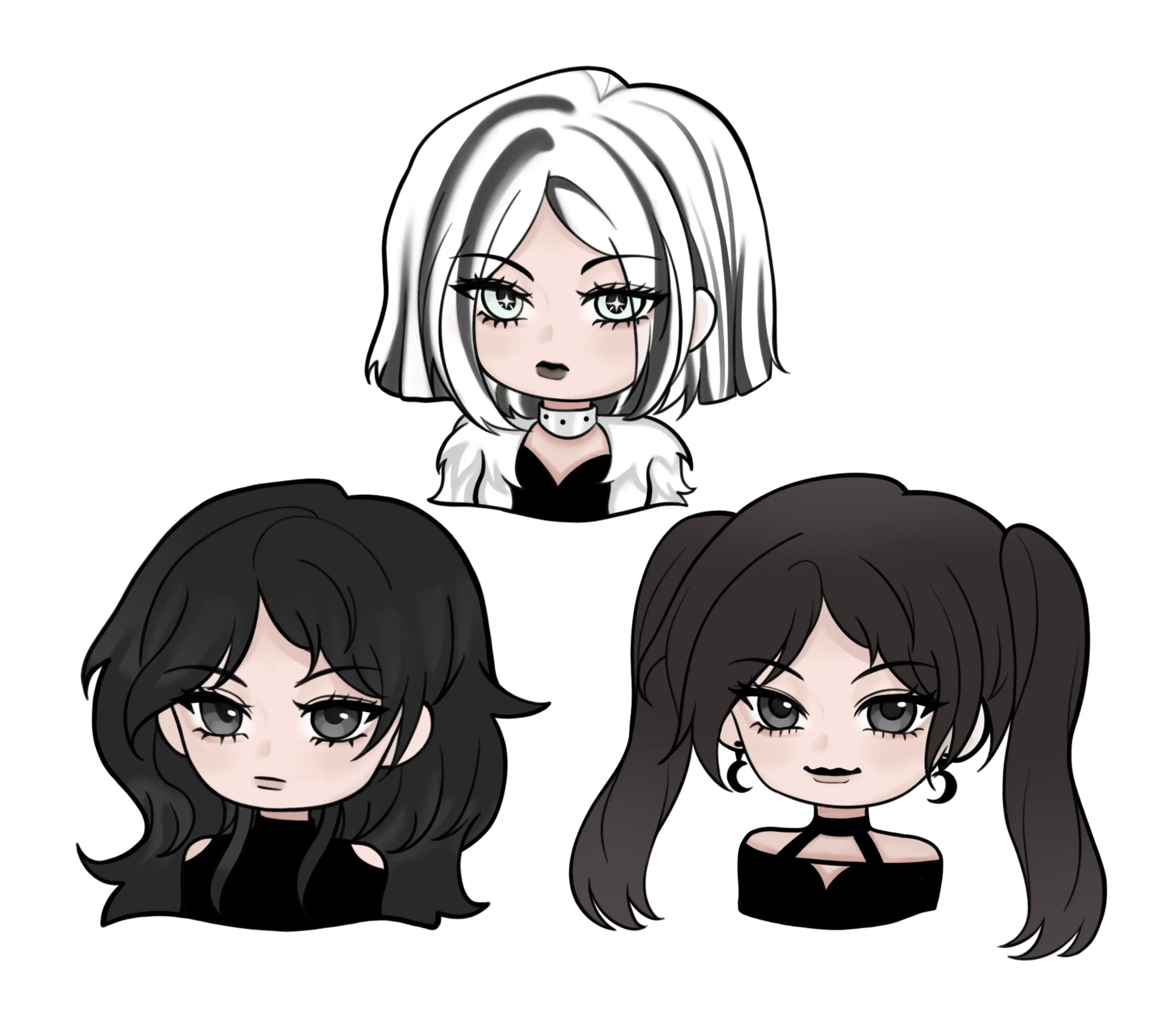 Black and white line art of three chibi-style female faces mascots