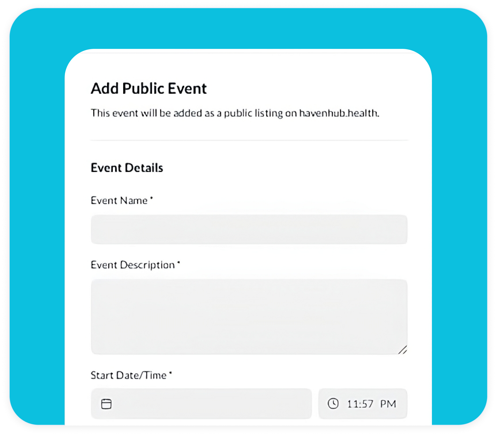 Form titled Add Public Event with fields for event name, event description, and start date/time set to 11:57 PM.