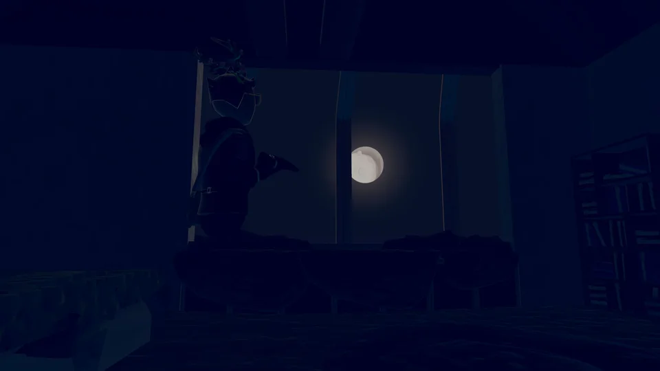 A quiet Cabin Cove interior overlooking the moonlit night