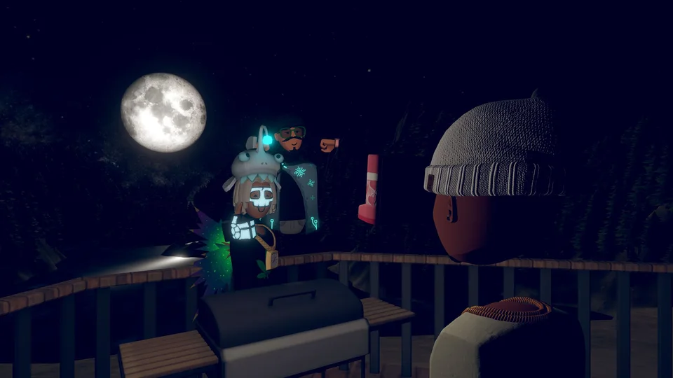 Three Rec Room avatars on a moonlit Cabin Cove deck